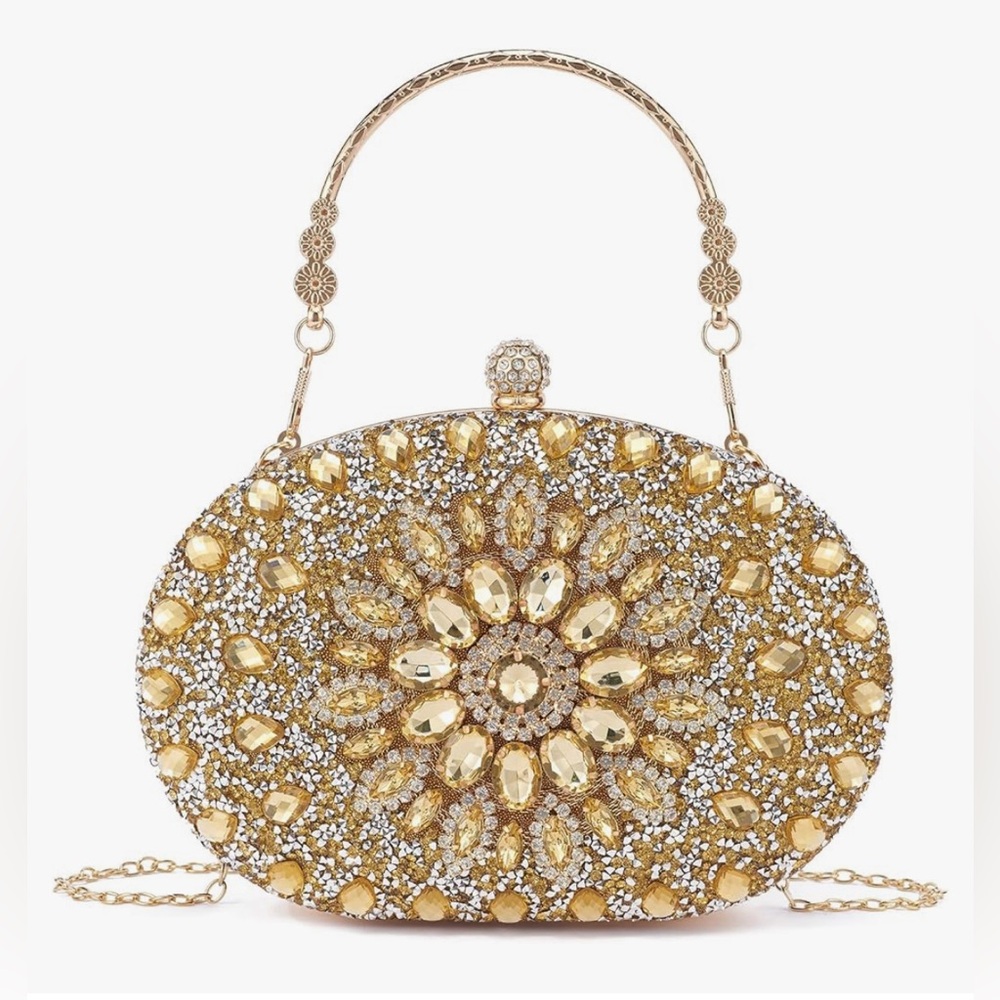 New Women Evening Bag Clutch Purse Sparkly Diamond Bag, Gold Rhinestones Handbag